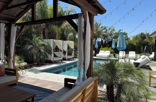 East Mesa Villa | Tropical Retreat with hot tub, heated pool, misters & fire pit