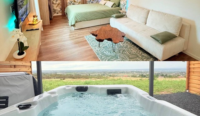 Modern accommodation with private spa, magnificent views, close to golf course and lake in Villerest