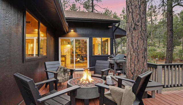 Pine Society: fire pit, exchange library, bordering National Forest.