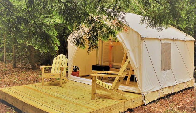 Private Riverfront Safari tent for a Glamping Experience in the Monadnock Region, New Hampshire in Bennington