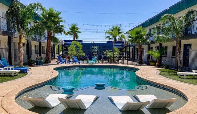 Stylish dog-friendly getaway near downtown with pool, central AC, and fast WiFi